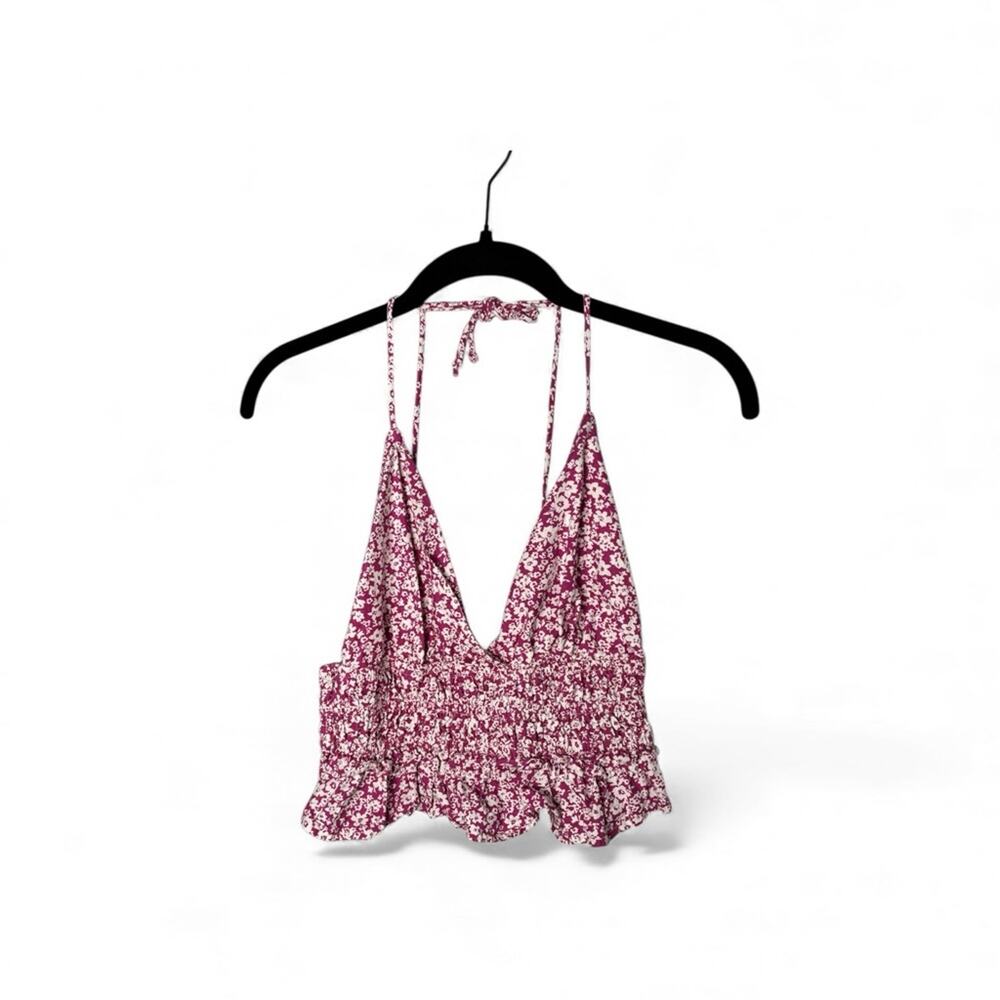 Sim & Sam Purple White Floral Halter Crop Top Smocked Medium